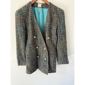 HB Vintage Tweed Blazer Womens Size 6 Mohair Wool Silk Jacket Gold Button Career